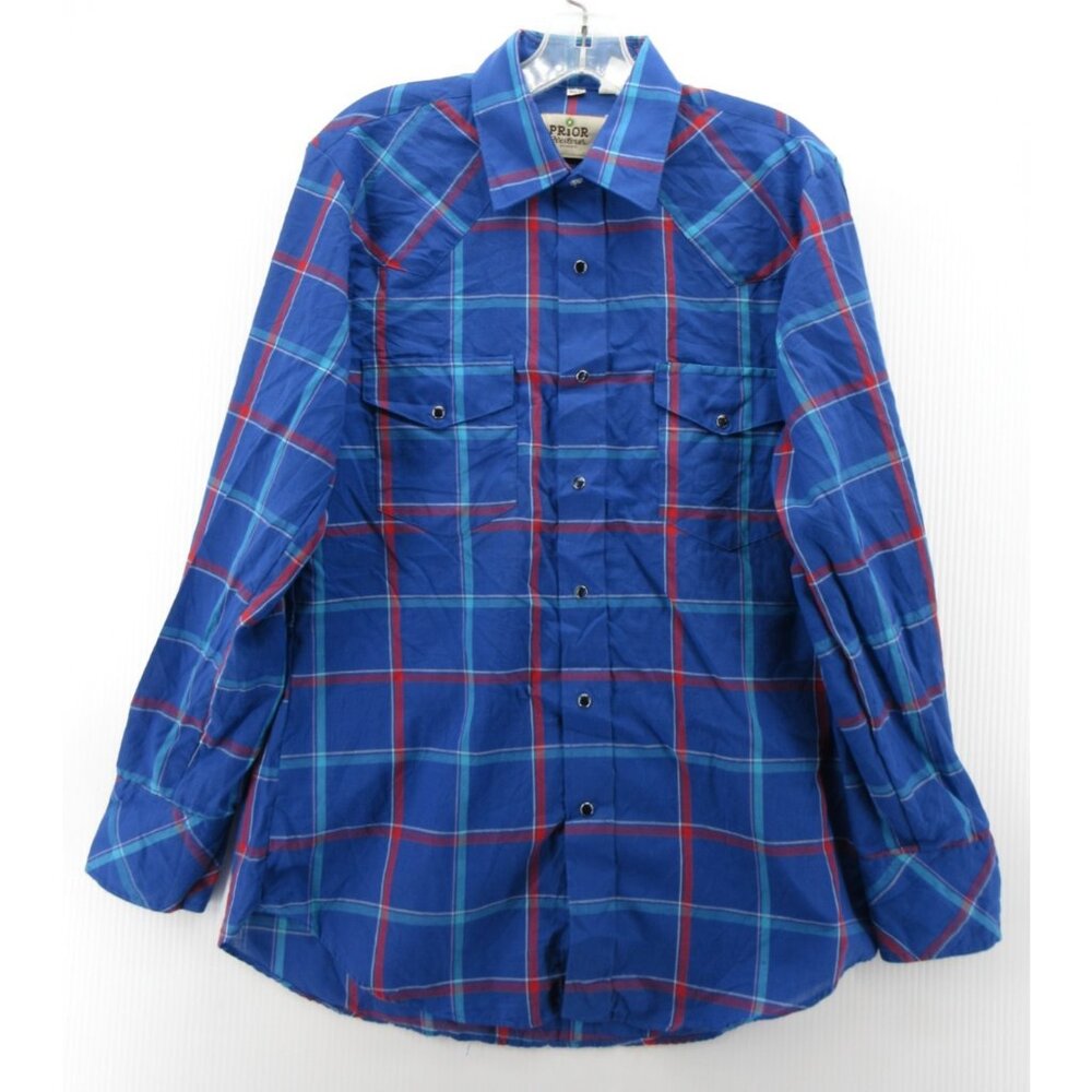 VINTAGE Prior Shirt 15 1/2 Western Pearl Snap Plaid Cowboy Rodeo 70s